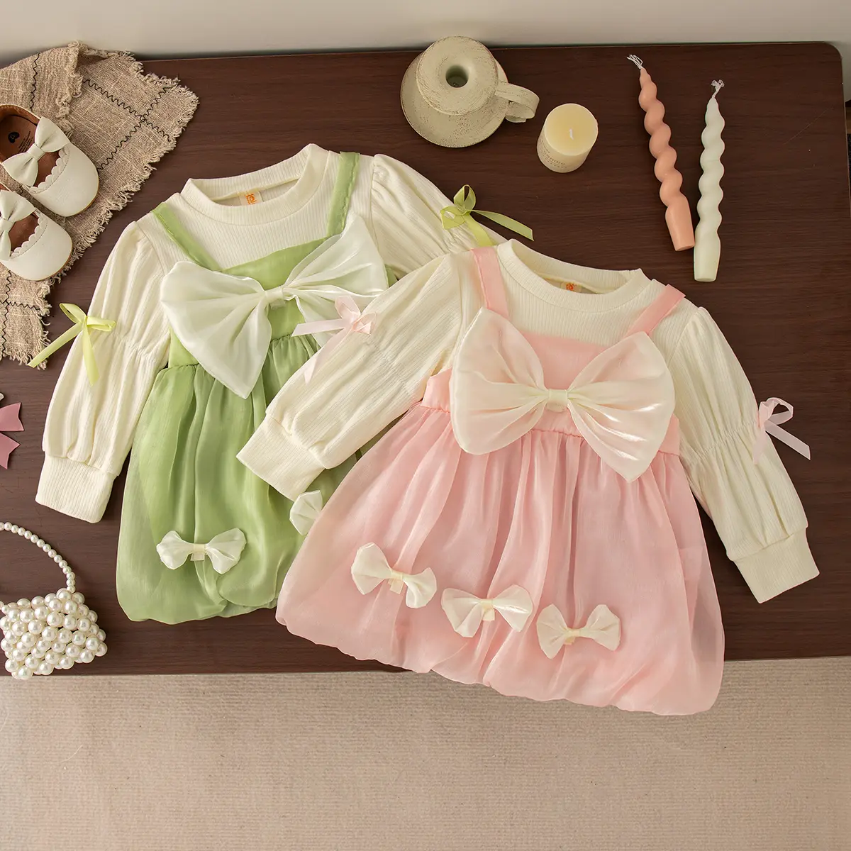 Toddler Dress Autumn New Long Sleeved Baby Dresses Imitation Two Piece Imitation Satin Sweet Bow Clothes Girl
