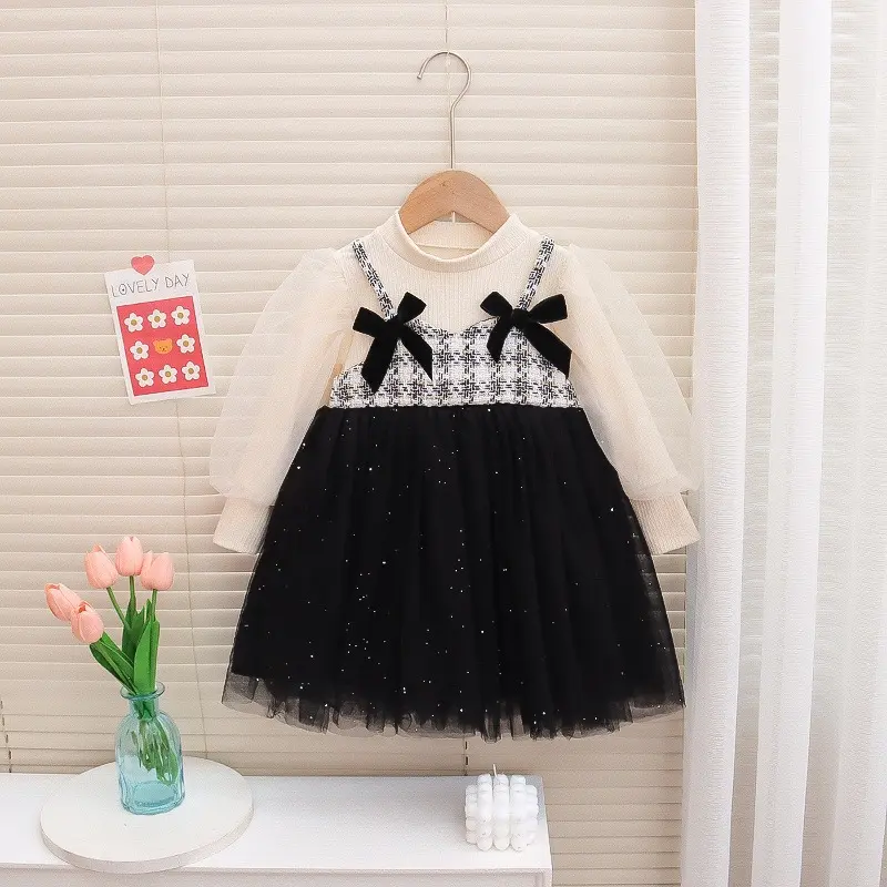 Baby Girl Dresses Autumn New Long Sleeved Clothes Girl Mesh Imitates Two Pieces Sweet Bow Sequins Toddler Dress