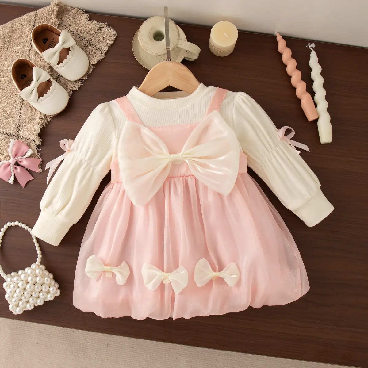 Toddler Dress Autumn New Long Sleeved Baby Dresses Imitation Two Piece Imitation Satin Sweet Bow Clothes Girl