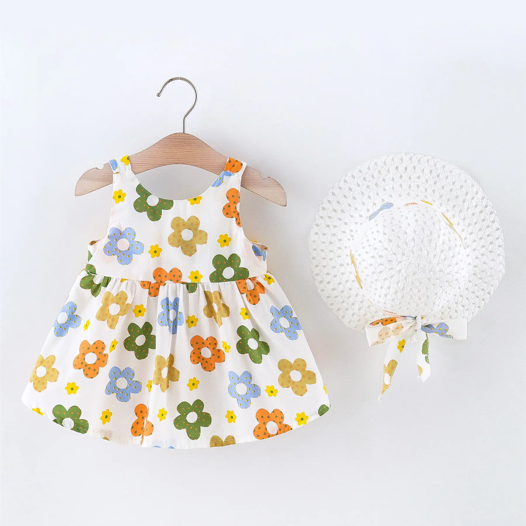 Summer 2/piece set baby girl dress hat little girl big bow design floral print princess dress all over the body