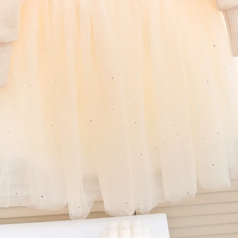Baby Girl Dresses Autumn New Long Sleeved Clothes Girl Mesh Imitates Two Pieces Sweet Bow Sequins Toddler Dress