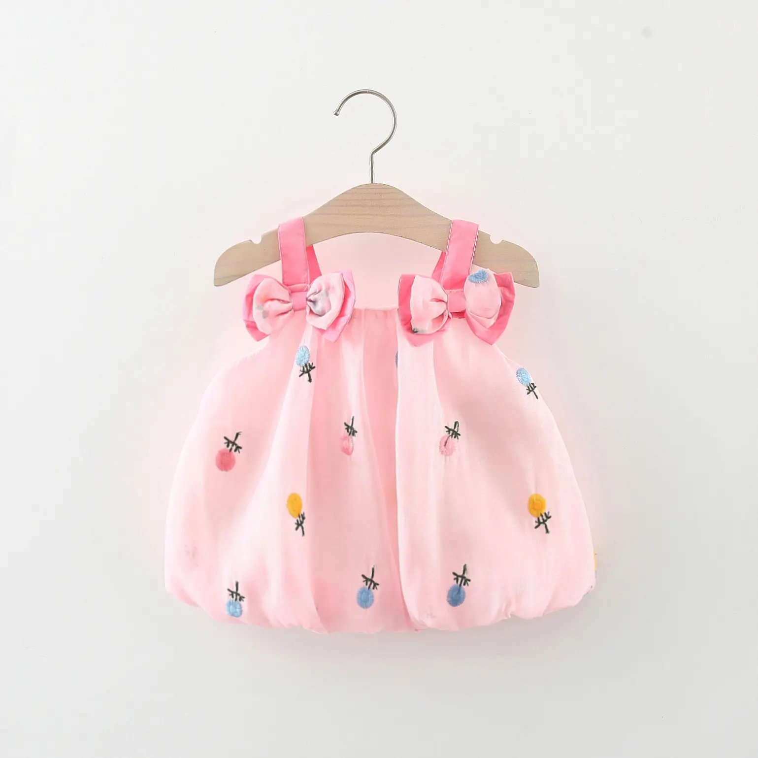 Summer girl's dress baby girl double bow suspender flower embroidered mesh fluffy dress children's dress