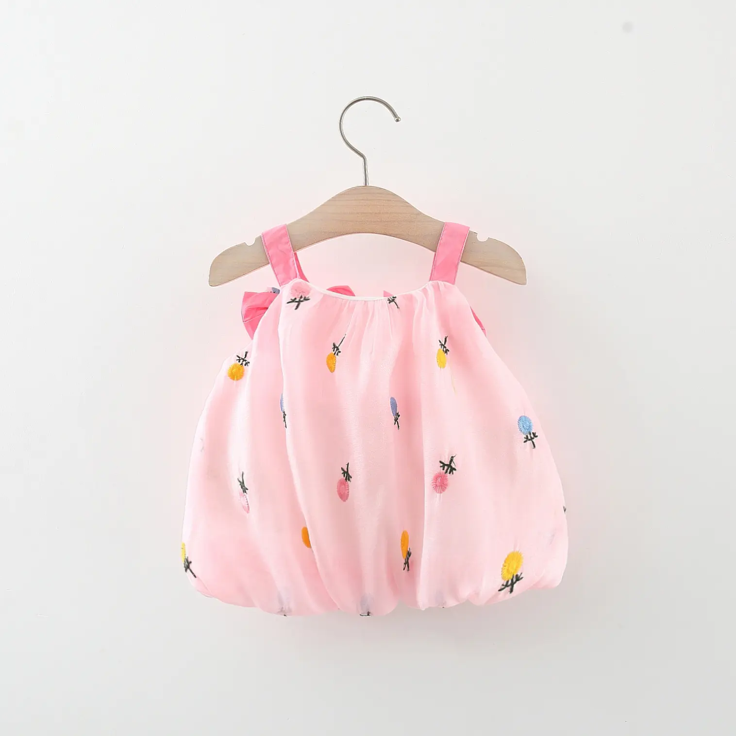 Summer girl's dress baby girl double bow suspender flower embroidered mesh fluffy dress children's dress
