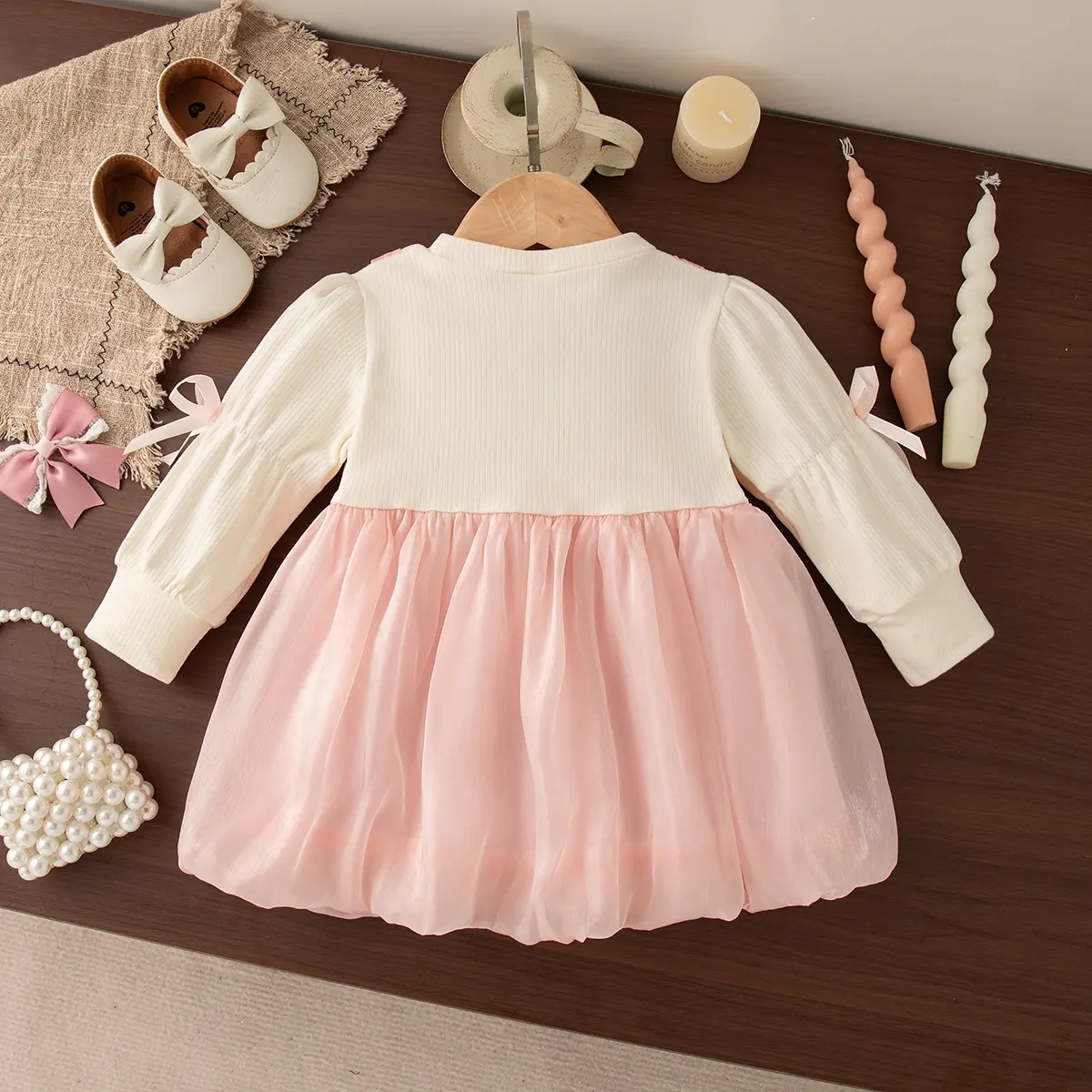 Toddler Dress Autumn New Long Sleeved Baby Dresses Imitation Two Piece Imitation Satin Sweet Bow Clothes Girl