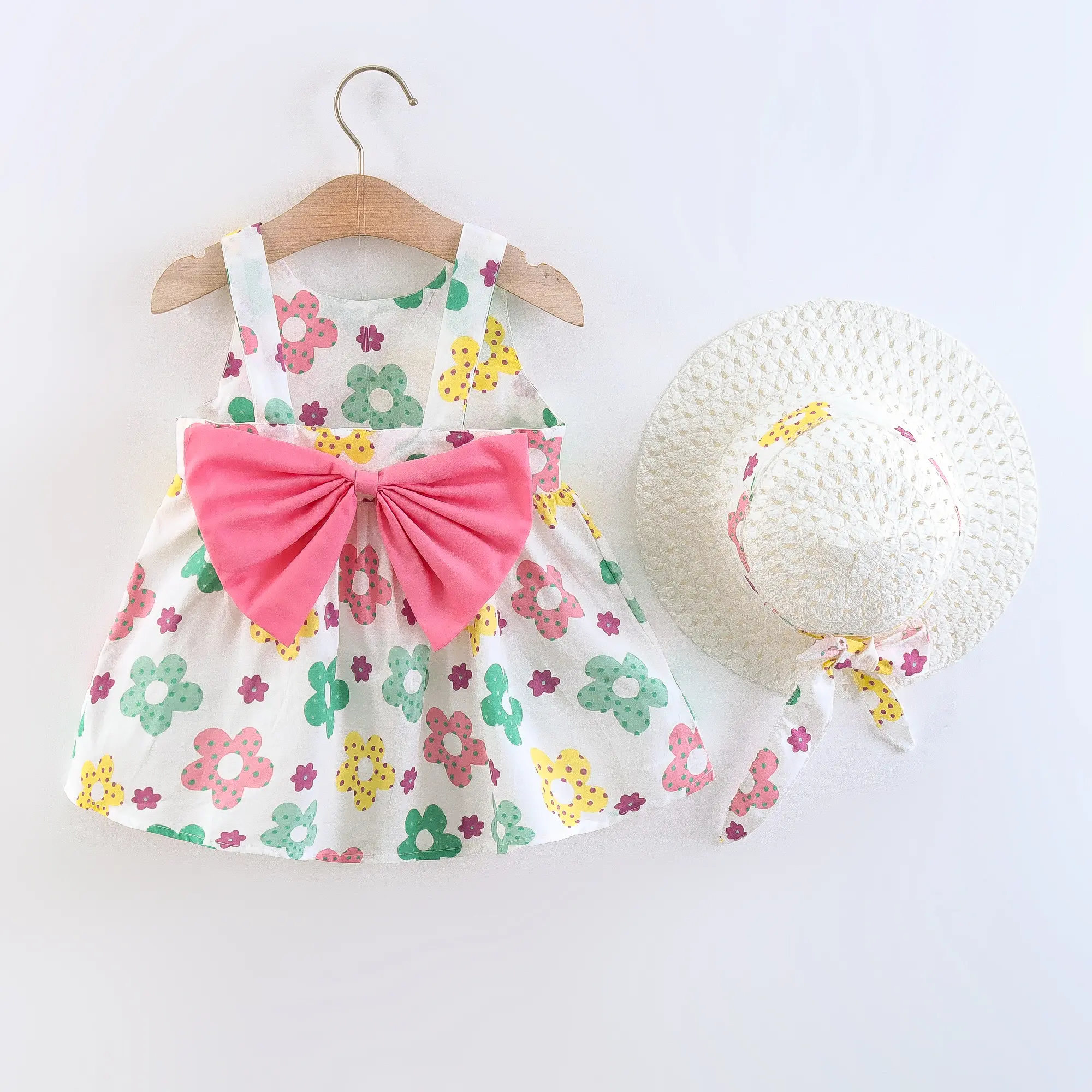 Summer 2/piece set baby girl dress hat little girl big bow design floral print princess dress all over the body