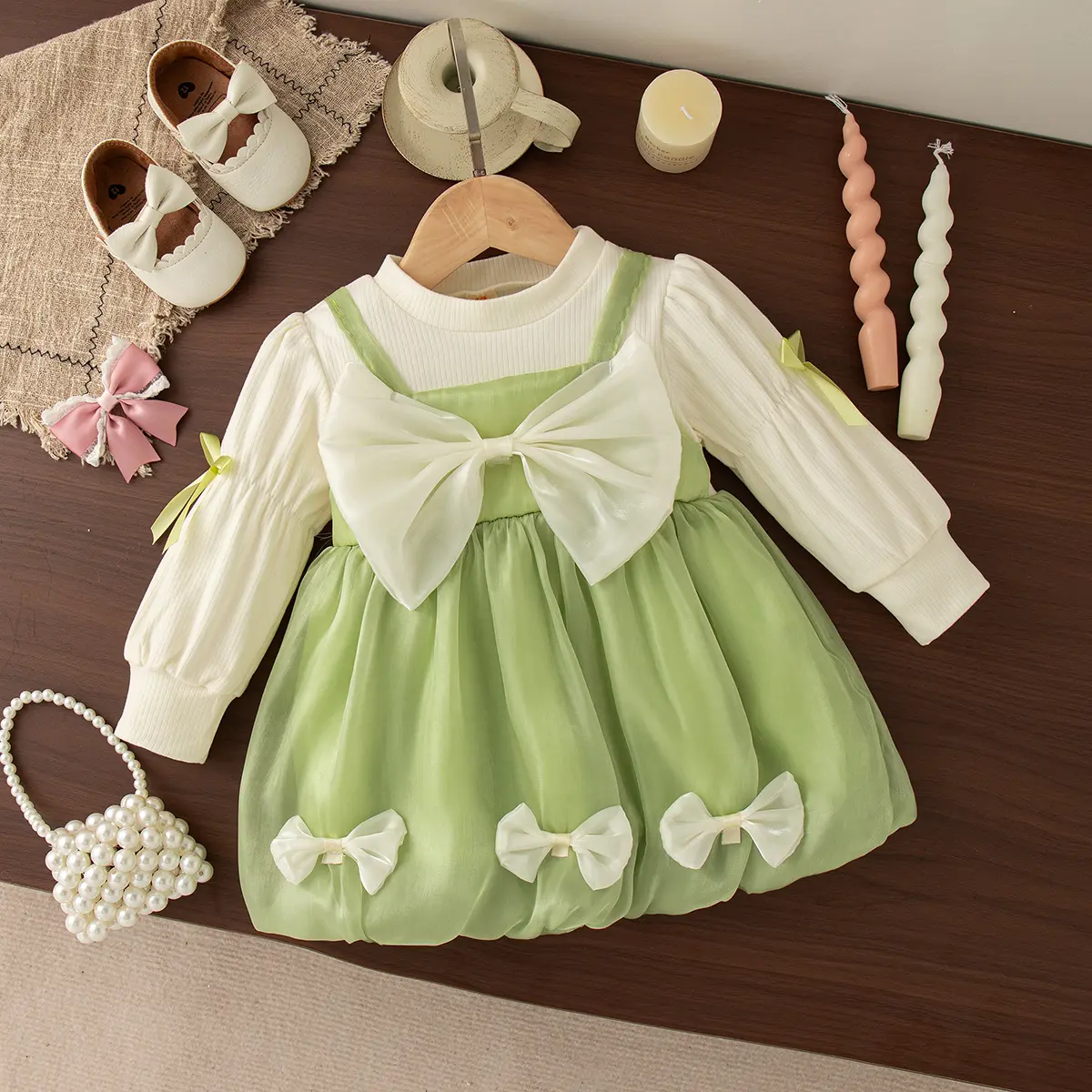 Toddler Dress Autumn New Long Sleeved Baby Dresses Imitation Two Piece Imitation Satin Sweet Bow Clothes Girl