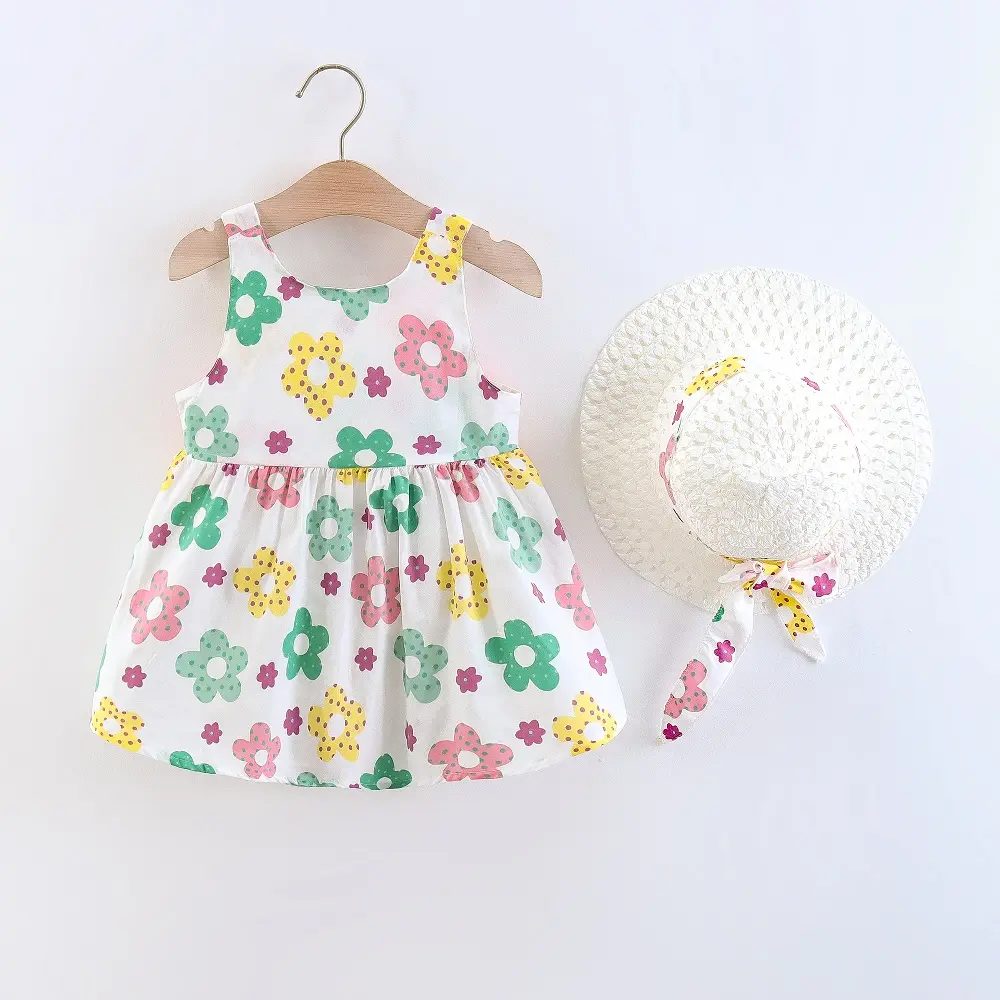 Summer 2/piece set baby girl dress hat little girl big bow design floral print princess dress all over the body