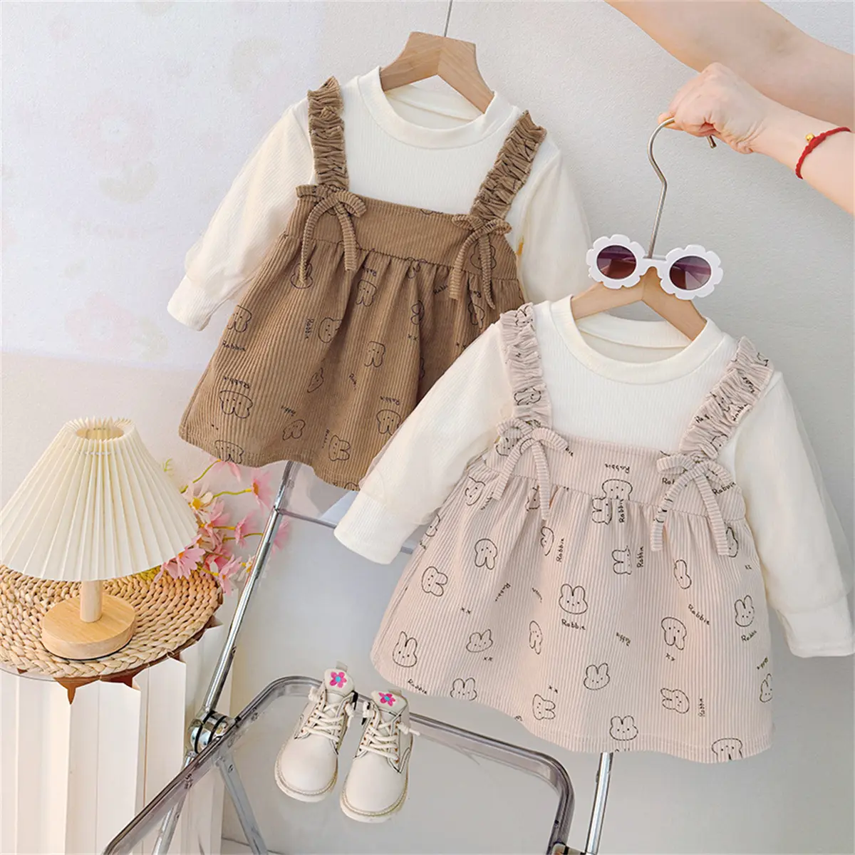 Casual Dresses For Girls Autumn New Long Sleeved Baby Dresses Cartoon Rabbit Print Sweet Bow Ruffle Clothes Girl