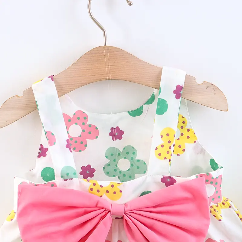 Summer 2/piece set baby girl dress hat little girl big bow design floral print princess dress all over the body