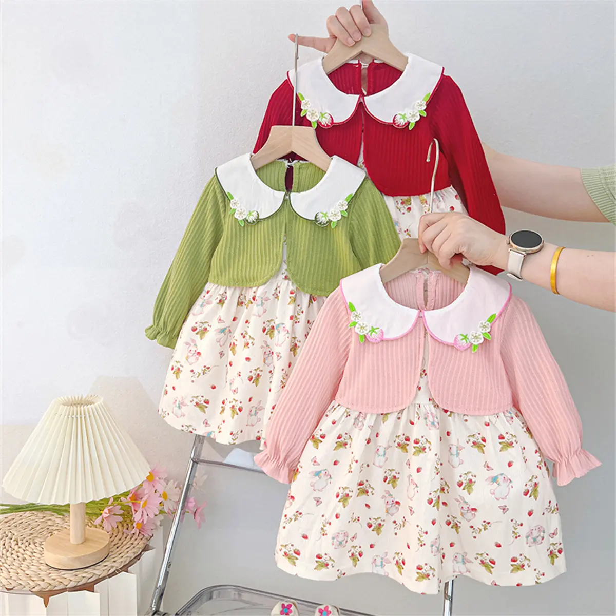 Girl Dress Autumn New Long Sleeved Toddler Dress Rabbit Print Lapel Embroidery Imitation Two Pieces Baby Clothes