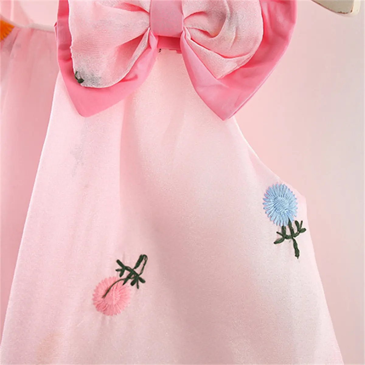 Summer girl's dress baby girl double bow suspender flower embroidered mesh fluffy dress children's dress