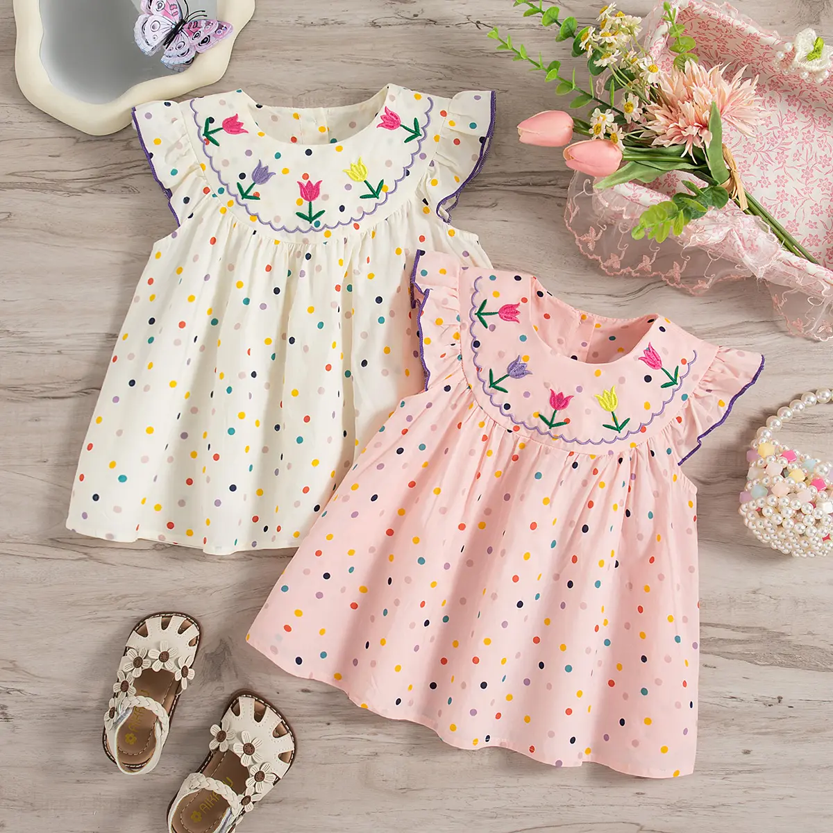 Summer Cotton Baby Dress with Flower Embroidery Colorful Polka Dot Print Small Fly Sleeves Baby Dress