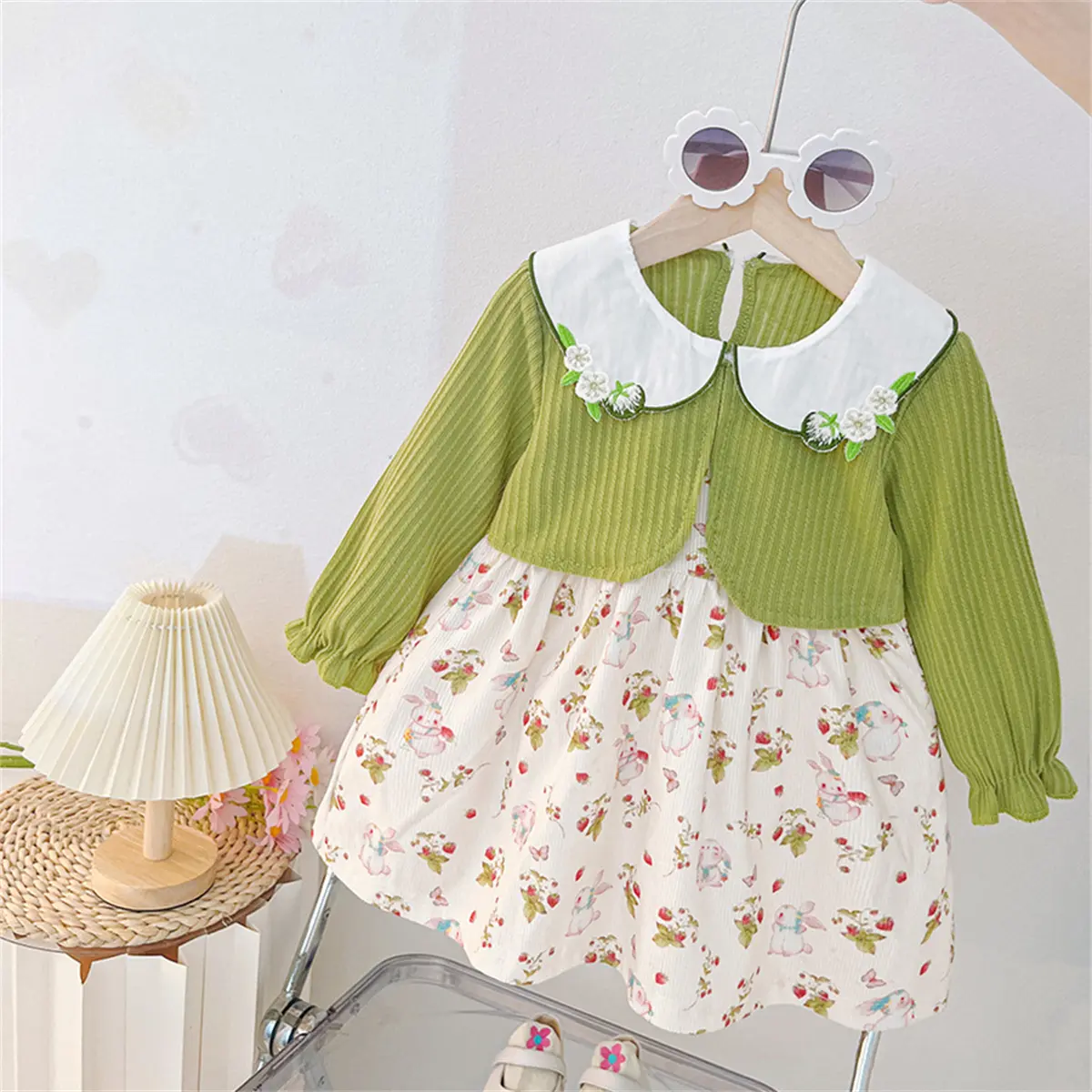 Girl Dress Autumn New Long Sleeved Toddler Dress Rabbit Print Lapel Embroidery Imitation Two Pieces Baby Clothes