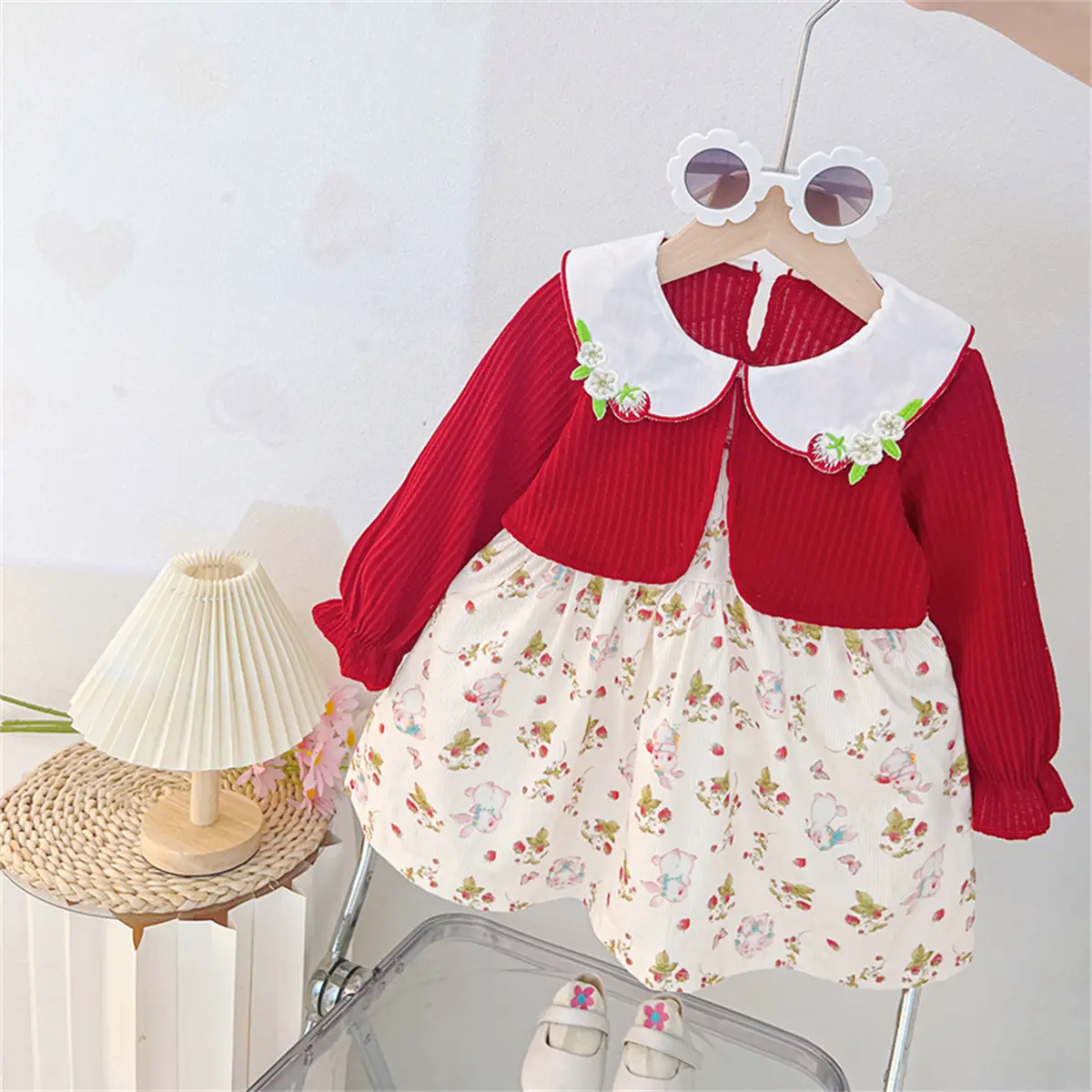 Girl Dress Autumn New Long Sleeved Toddler Dress Rabbit Print Lapel Embroidery Imitation Two Pieces Baby Clothes