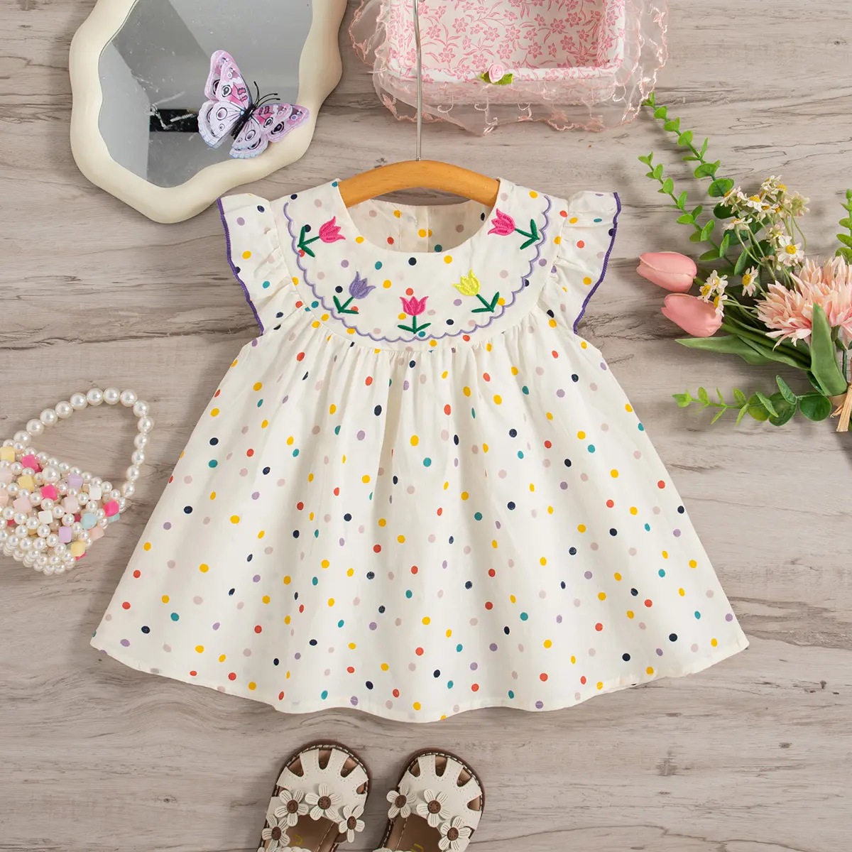 Summer Cotton Baby Dress with Flower Embroidery Colorful Polka Dot Print Small Fly Sleeves Baby Dress