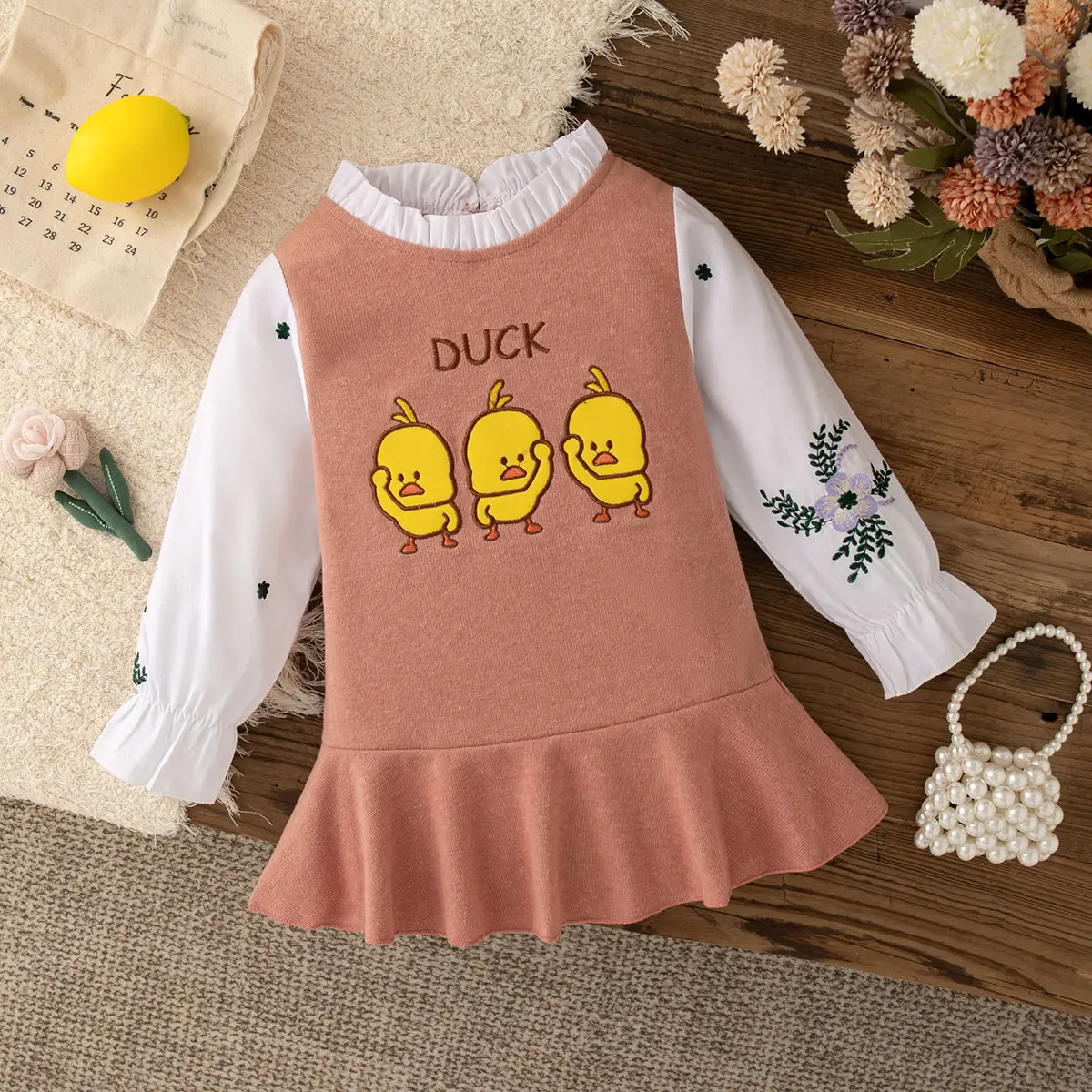 Baby Dress Autumn Long Sleeved Girl Dress Cartoon Duck Flower Print Imitates Two Pieces Pleated Edges Clothes Girl