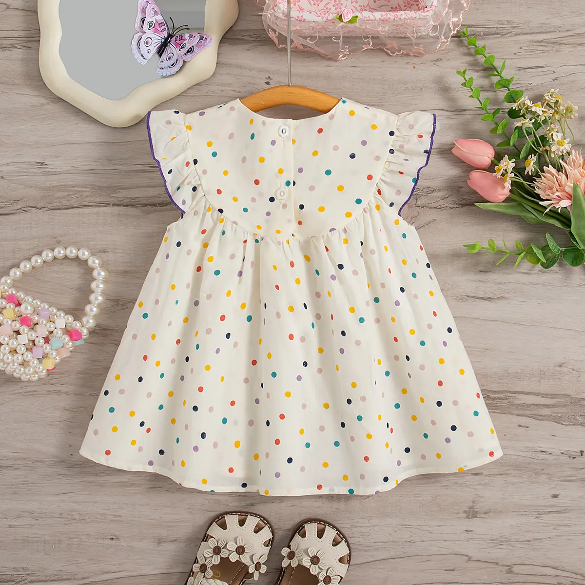 Summer Cotton Baby Dress with Flower Embroidery Colorful Polka Dot Print Small Fly Sleeves Baby Dress
