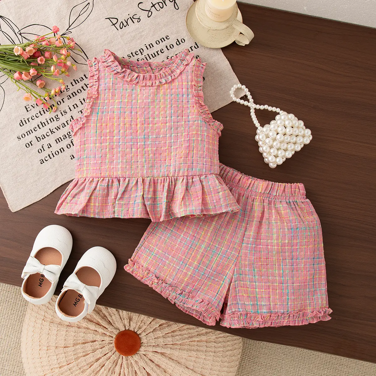 2 Pieces Set Clothes Baby Girl Summer New Sleeveless Shorts Girl Clothing Sweet Plaid Ruffled Buttons Sets For Baby