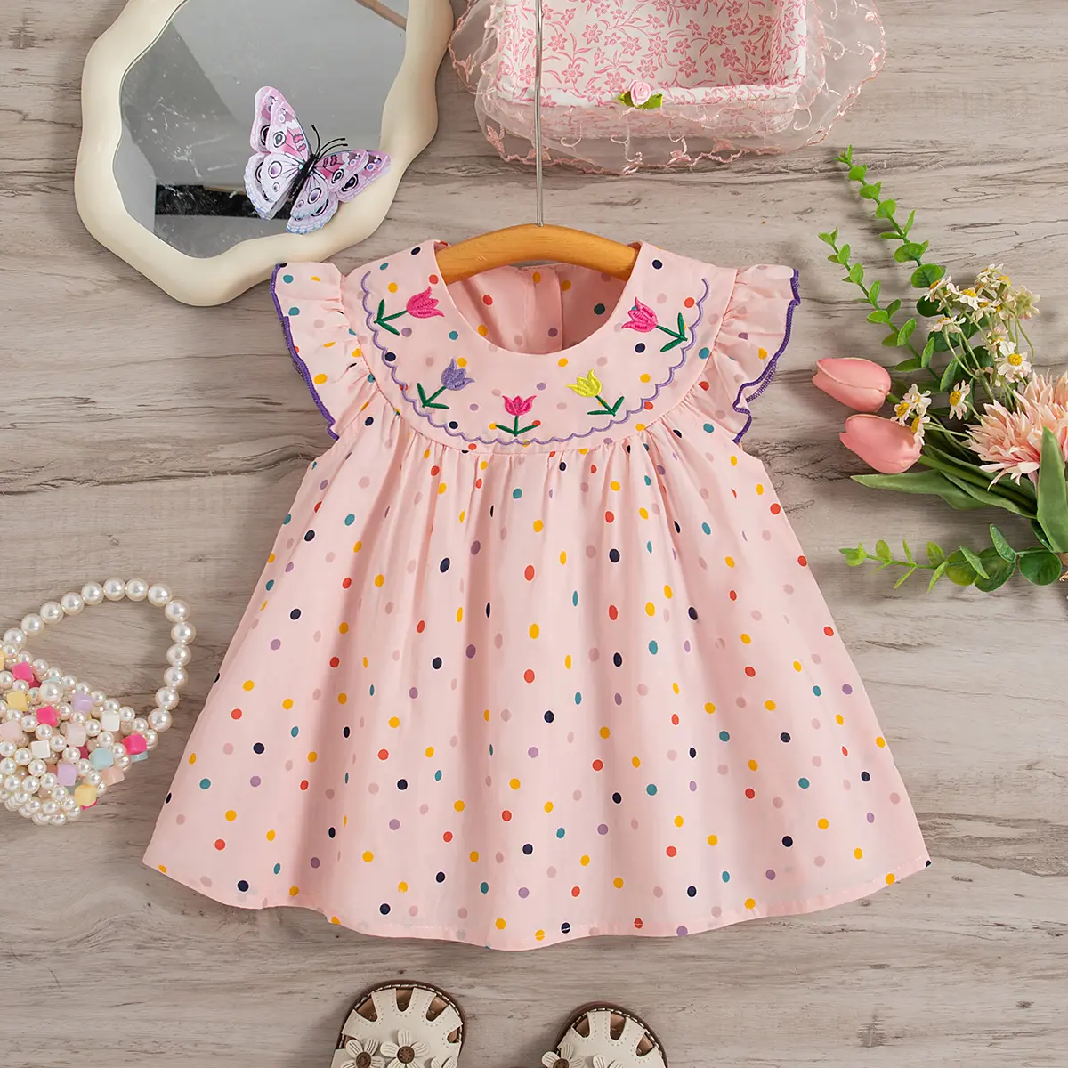 Summer Cotton Baby Dress with Flower Embroidery Colorful Polka Dot Print Small Fly Sleeves Baby Dress
