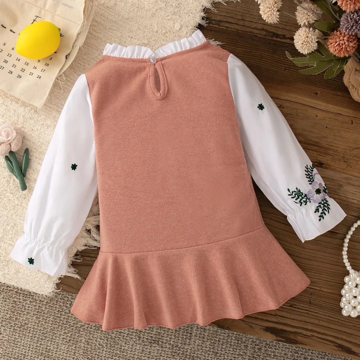 Baby Dress Autumn Long Sleeved Girl Dress Cartoon Duck Flower Print Imitates Two Pieces Pleated Edges Clothes Girl