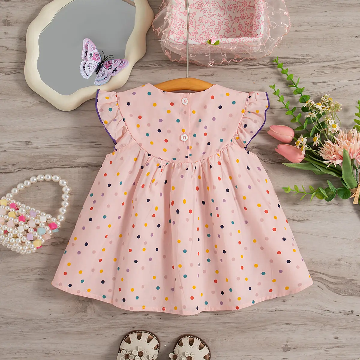 Summer Cotton Baby Dress with Flower Embroidery Colorful Polka Dot Print Small Fly Sleeves Baby Dress
