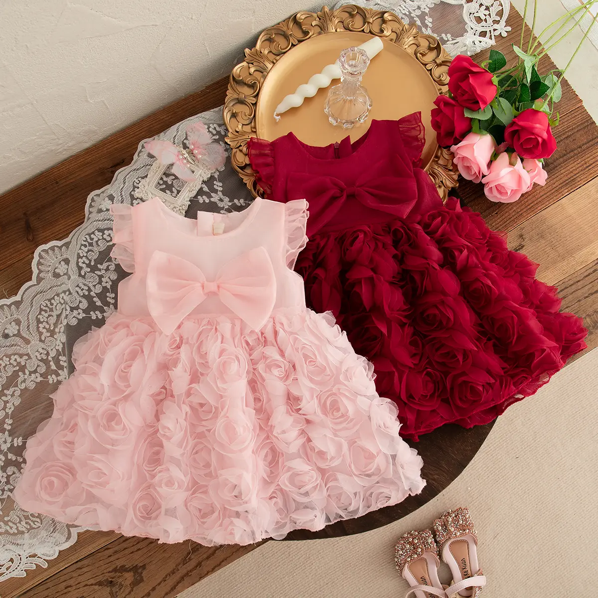 Baby Dresses Summer New Sleeveless Ruffle Edge Clothes Girl Solid Color Mesh Sweet 3d Flower Bow Birthday Dress Girl