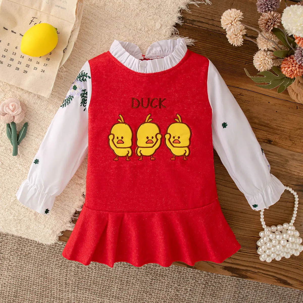 Baby Dress Autumn Long Sleeved Girl Dress Cartoon Duck Flower Print Imitates Two Pieces Pleated Edges Clothes Girl