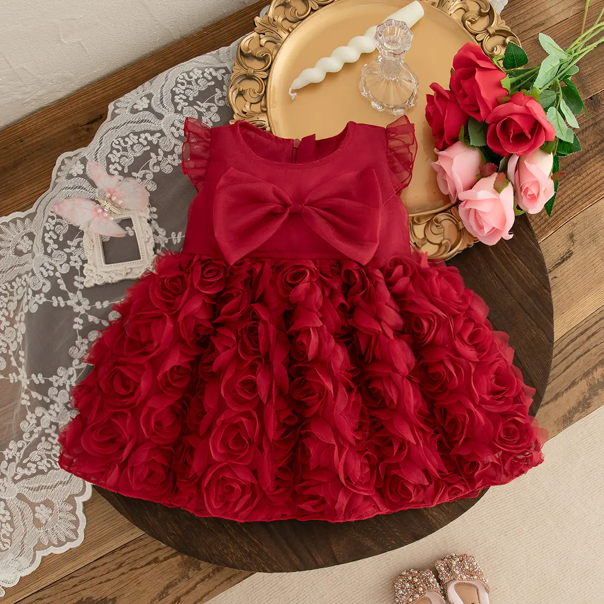 Baby Dresses Summer New Sleeveless Ruffle Edge Clothes Girl Solid Color Mesh Sweet 3d Flower Bow Birthday Dress Girl