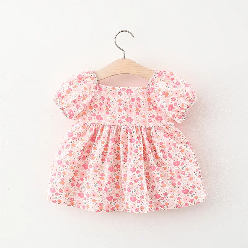 Children's Clothing New Girls' Short Sleeved Dress Children's Solid Color Big Bow Summer Dress Baby Children Printed Princess Dr