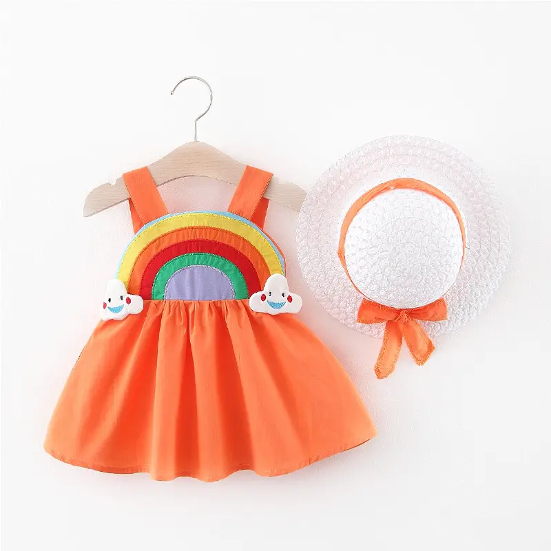 Children's New Girls' Strap Back Elastic Waist Dress Children's Rainbow Cloud Solid Princess Dress Baby and Child Cute Summer Dr
