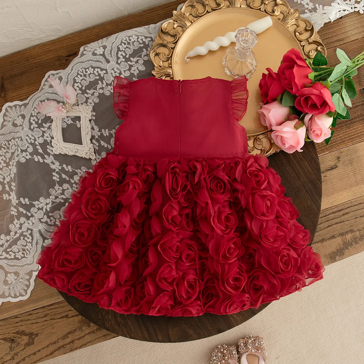 Baby Dresses Summer New Sleeveless Ruffle Edge Clothes Girl Solid Color Mesh Sweet 3d Flower Bow Birthday Dress Girl