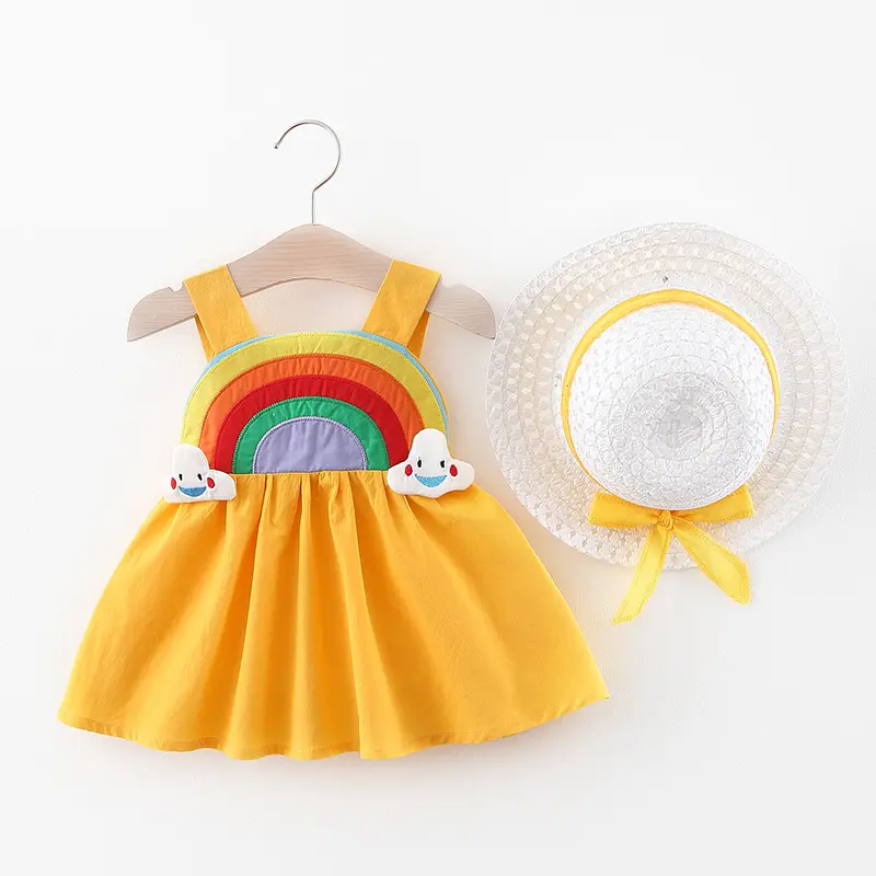 Children's New Girls' Strap Back Elastic Waist Dress Children's Rainbow Cloud Solid Princess Dress Baby and Child Cute Summer Dr