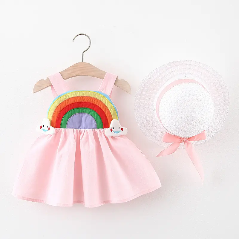 Children's New Girls' Strap Back Elastic Waist Dress Children's Rainbow Cloud Solid Princess Dress Baby and Child Cute Summer Dr