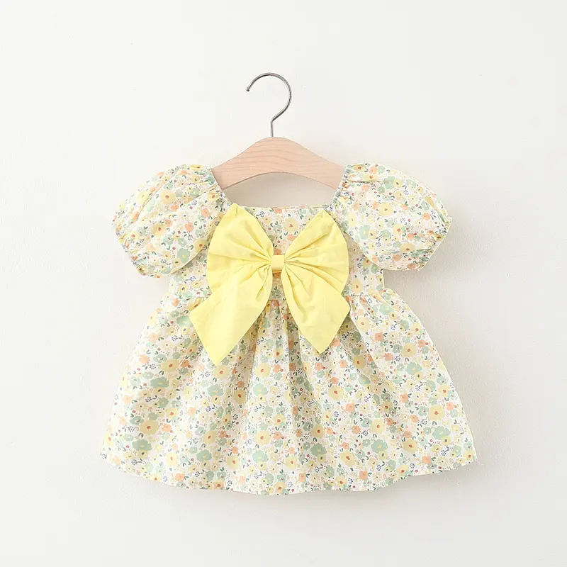 Children's Clothing New Girls' Short Sleeved Dress Children's Solid Color Big Bow Summer Dress Baby Children Printed Princess Dr