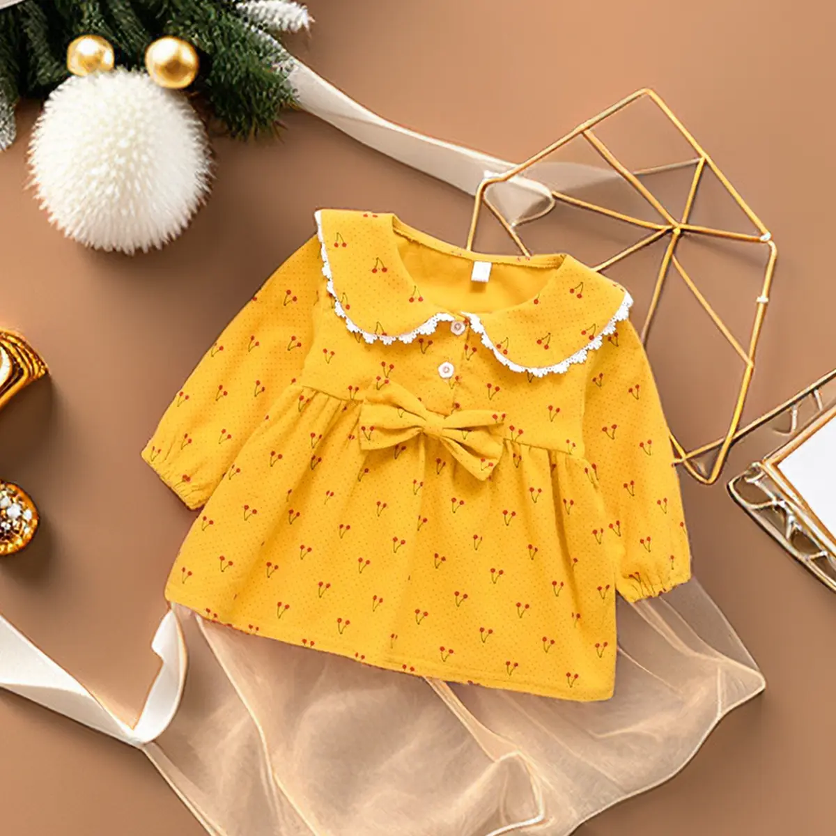 (0-3Y) Spring Autumn Newborn Girls' Long Sleeve Dress Cartoon Flower Lapel Baby Princess Dress Children'S Clothing