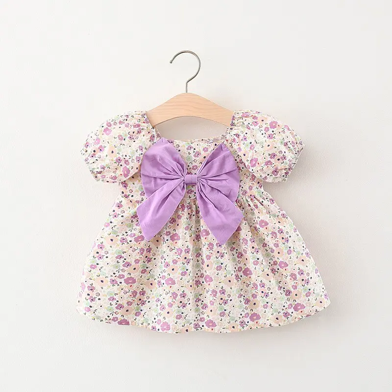 Children's Clothing New Girls' Short Sleeved Dress Children's Solid Color Big Bow Summer Dress Baby Children Printed Princess Dr