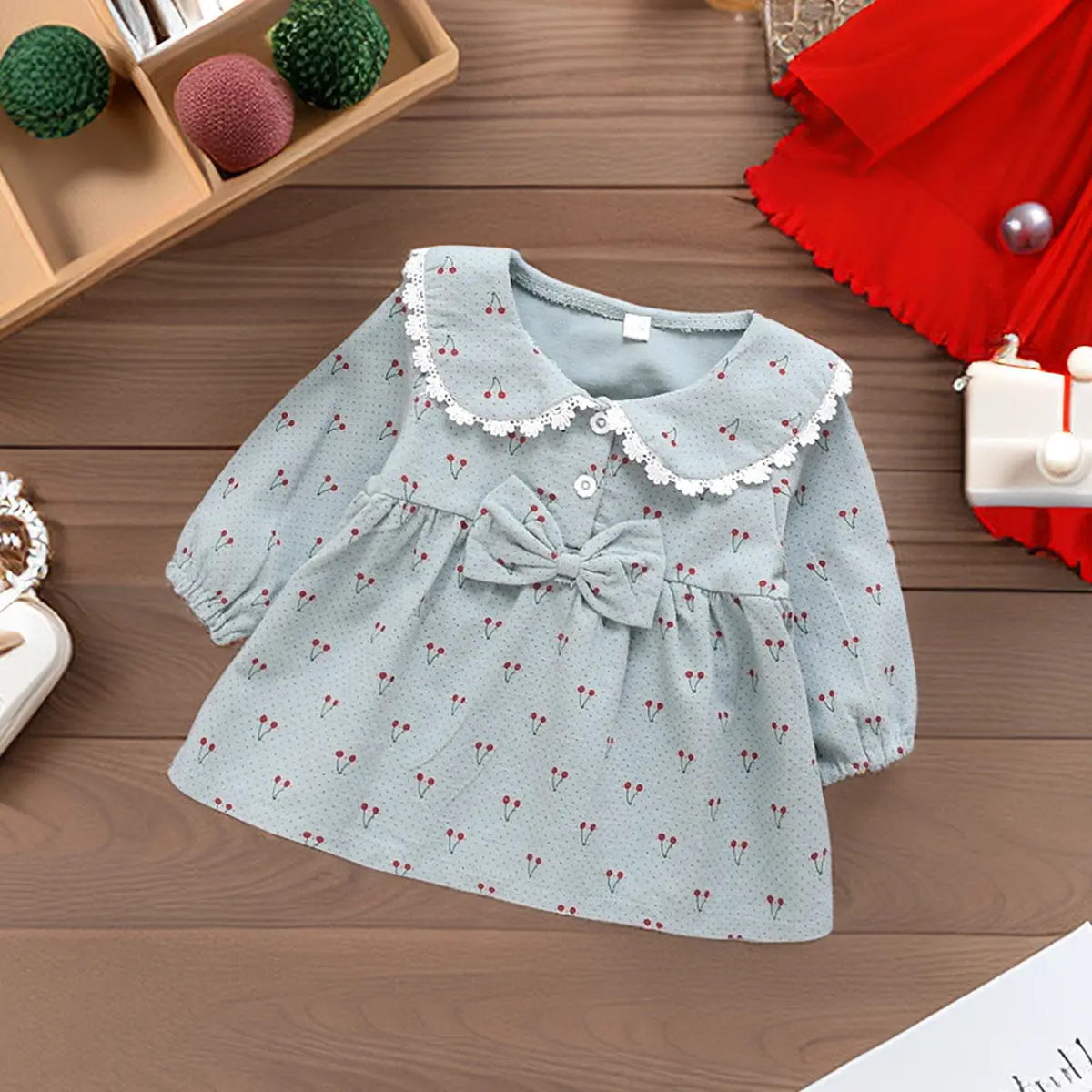 (0-3Y) Spring Autumn Newborn Girls' Long Sleeve Dress Cartoon Flower Lapel Baby Princess Dress Children'S Clothing