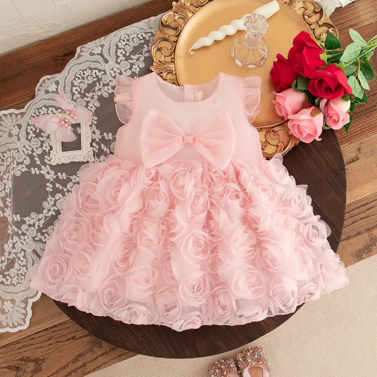 Baby Dresses Summer New Sleeveless Ruffle Edge Clothes Girl Solid Color Mesh Sweet 3d Flower Bow Birthday Dress Girl