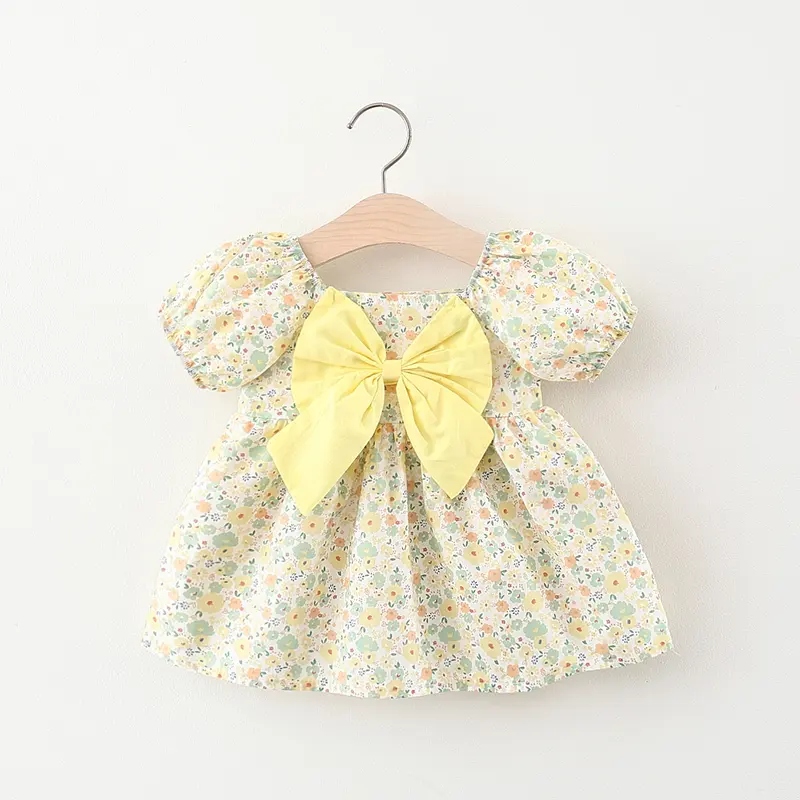 Children's Clothing New Girls' Short Sleeved Dress Children's Solid Color Big Bow Summer Dress Baby Children Printed Princess Dr