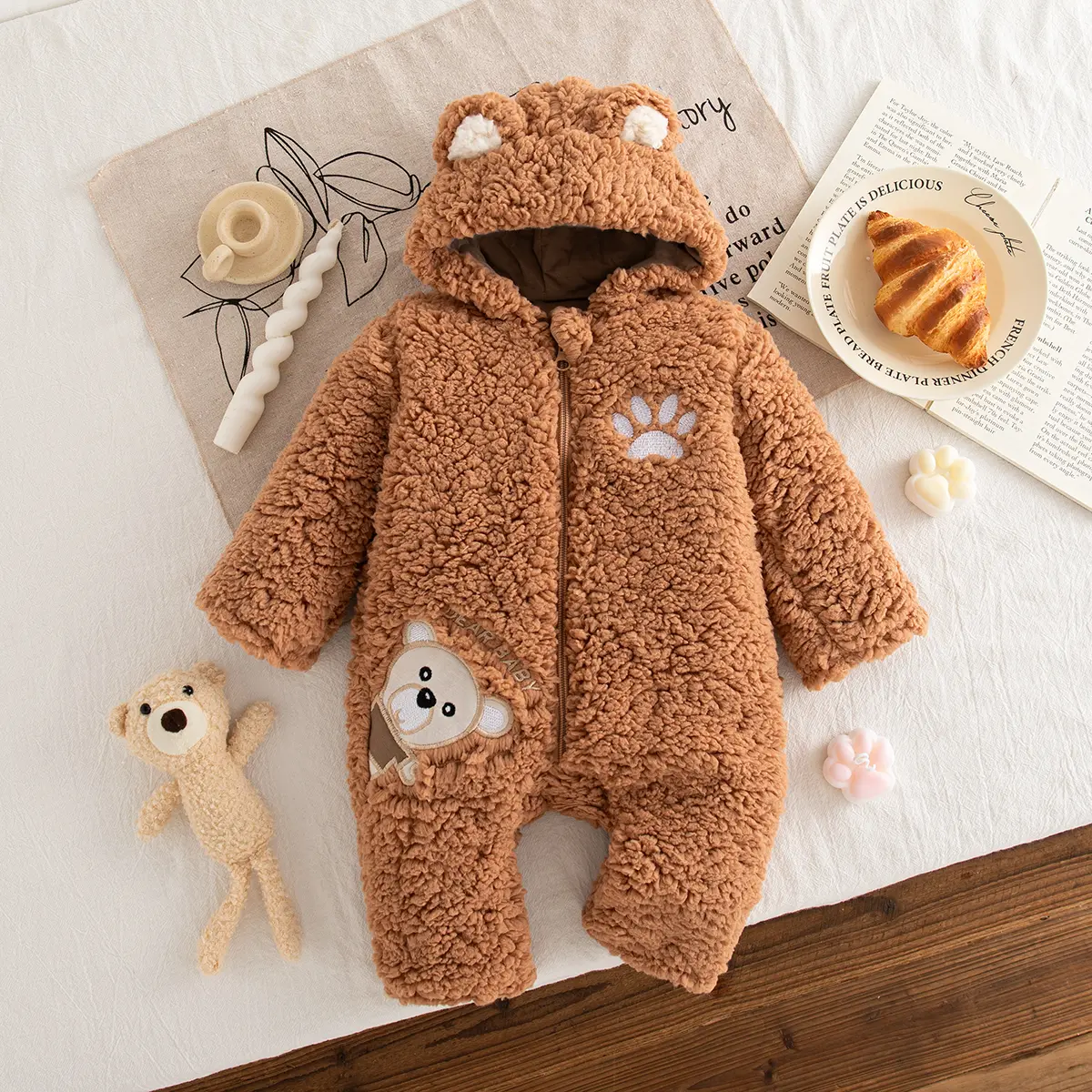 New Born Baby Items Winter New Long Sleeved Newborn Clothes Teddy Bear Print Hooded Cute Ear Zipper Baby Clothing