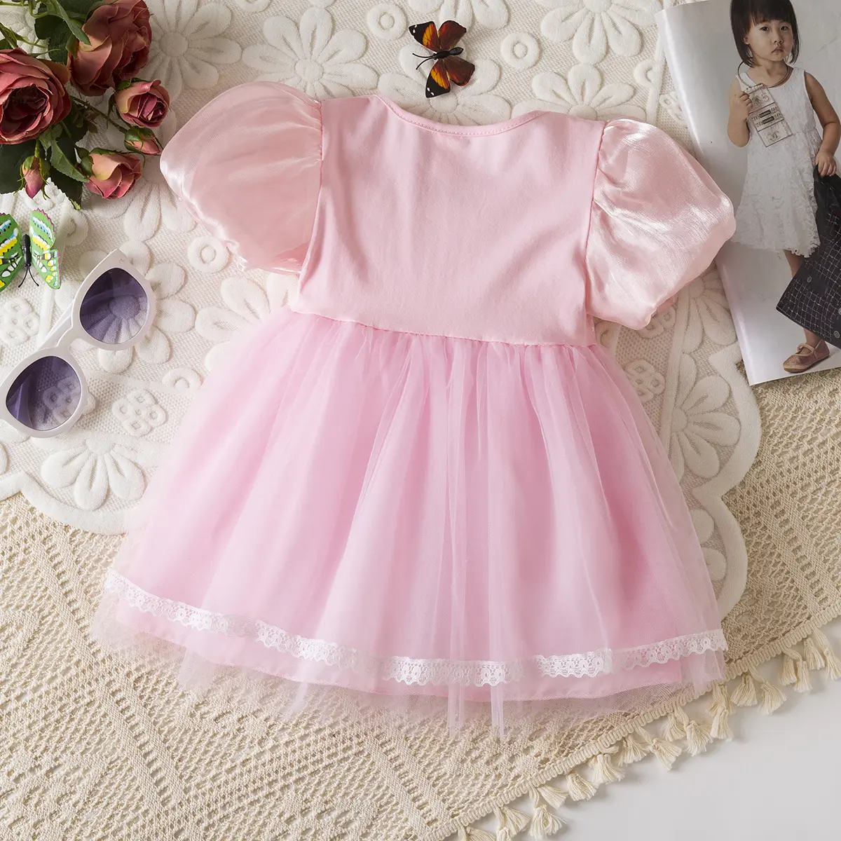 Girl Princess Dress Summer New Short Sleeved Baby Dress Mesh Sequins Lace Border Sweet Bow Baby Girl Clothes