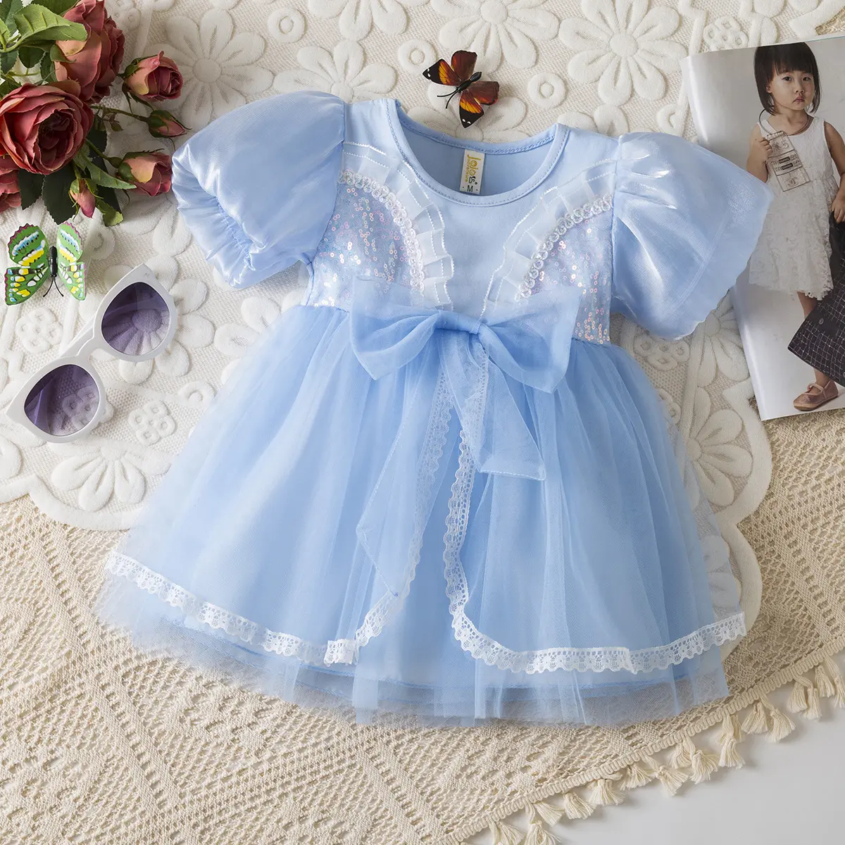 Girl Princess Dress Summer New Short Sleeved Baby Dress Mesh Sequins Lace Border Sweet Bow Baby Girl Clothes
