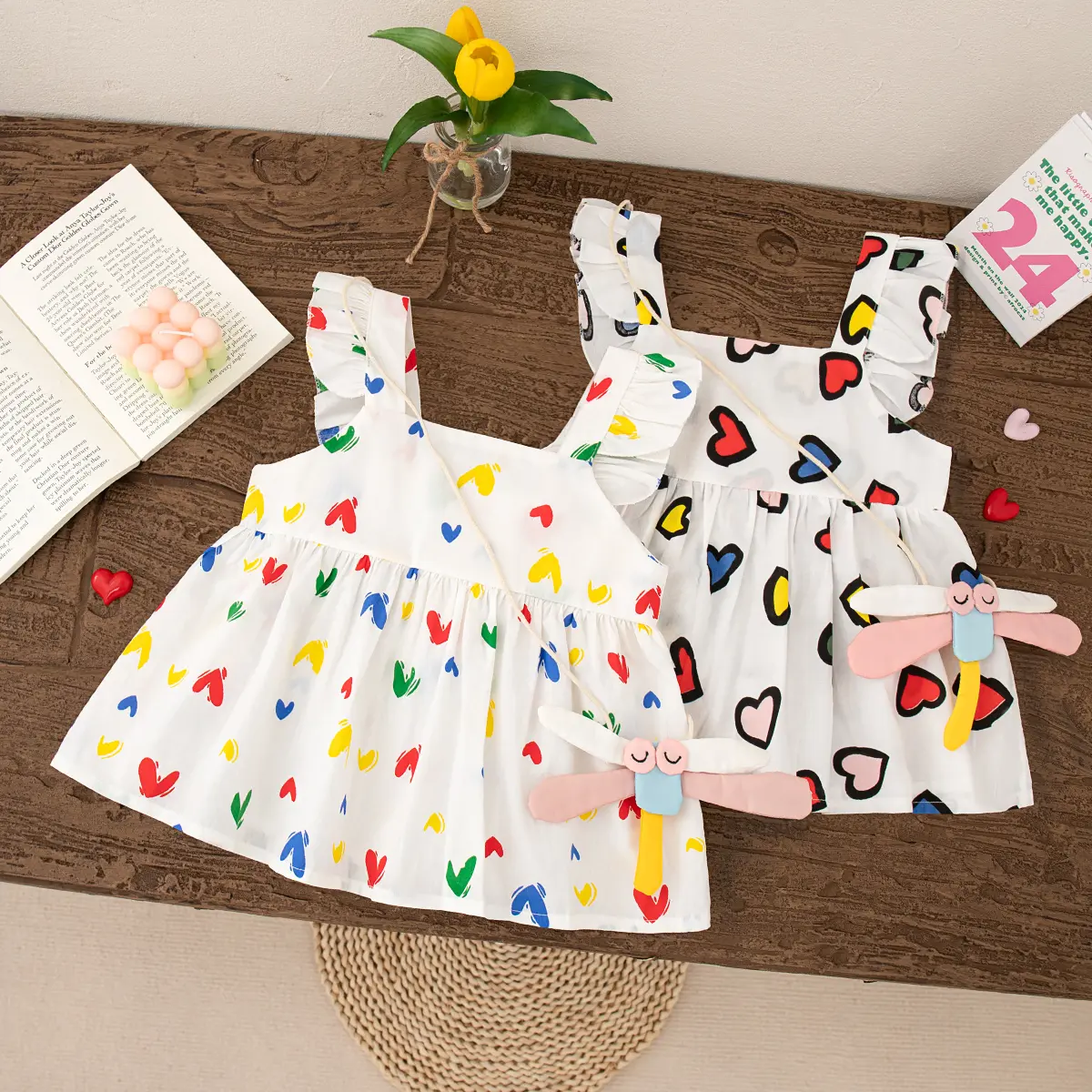 Summer Girls' Dress  Small Flying Sleeves Colorful Love Girl Clothes Pattern Dragonfly Bag Girls' Baby Dress (0-3 Years）