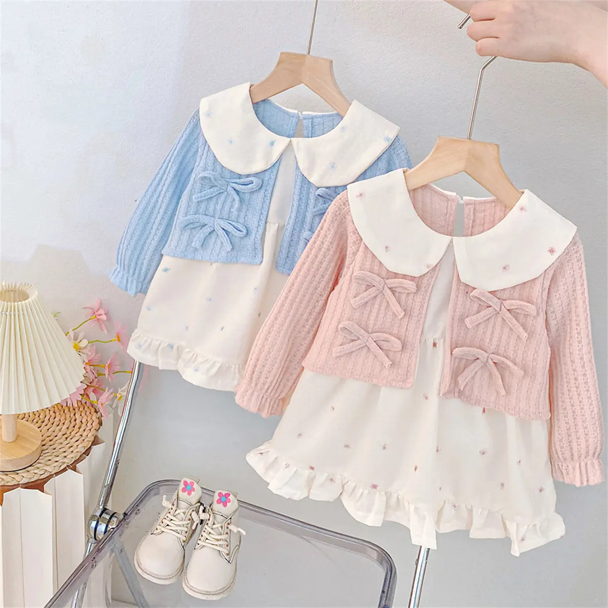 Baby Girl Dresses Autumn New Long Sleeve Toddler Dress Imitation Two Pieces Sweet Bow Collars Clothes Girl