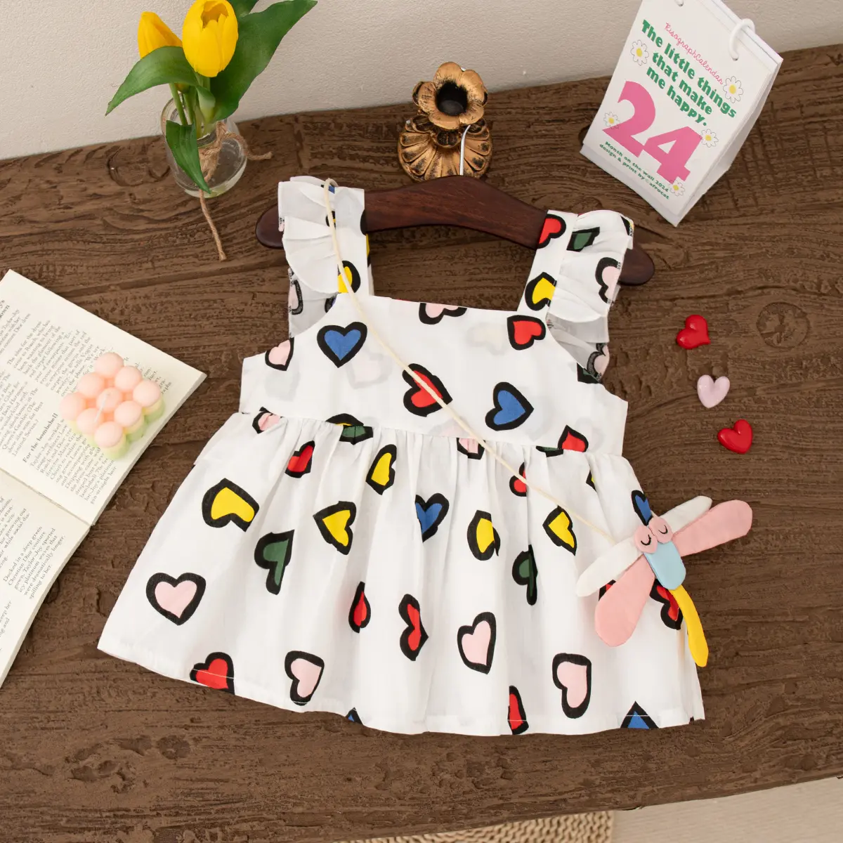 Summer Girls' Dress  Small Flying Sleeves Colorful Love Girl Clothes Pattern Dragonfly Bag Girls' Baby Dress (0-3 Years）