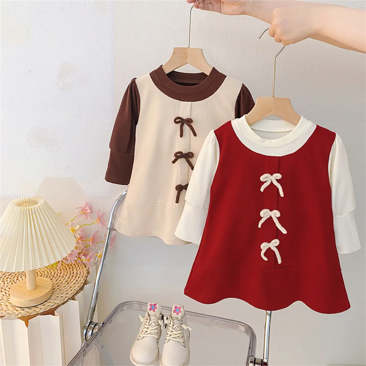 Casual Dress For Girl Autumn New Long Sleeved Baby Dresses Imitation Two Pieces Simple Sweet Bows Clothes Girl