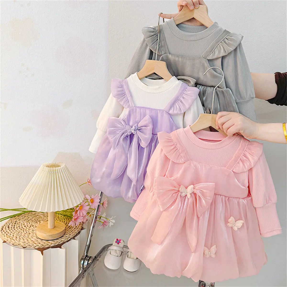 Baby Girl Dress Autumn New Long Sleeved Baby Dresses Solid Color Sweet Bow Imitation Satin Costumes For Girl