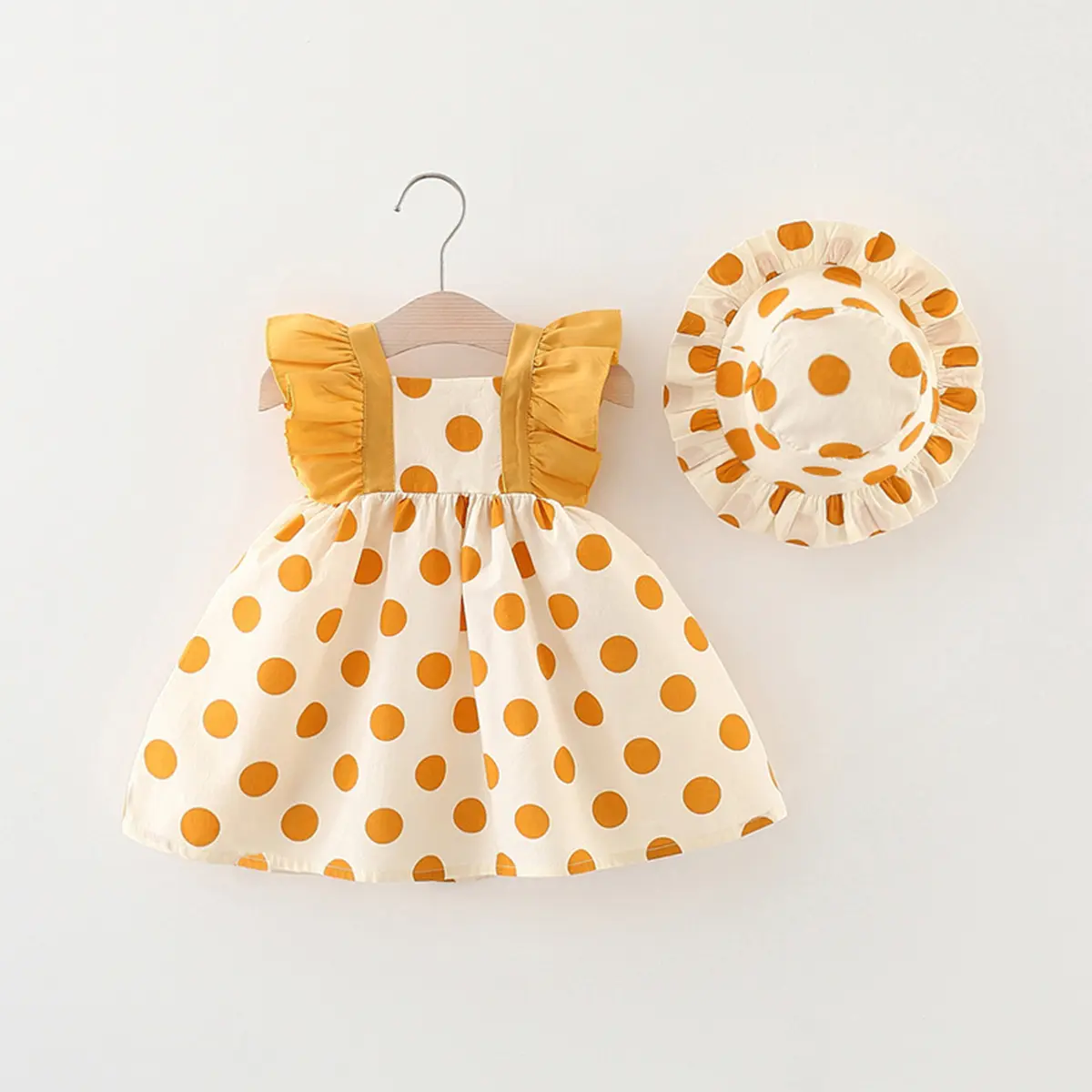 2-Piece Summer Baby Girl Cotton Dress And Hat With Hollowed Out Lace Polka Dot Sleeveless Korean Version Baby Dress