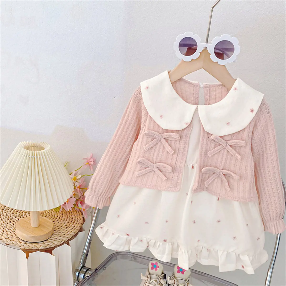 Baby Girl Dresses Autumn New Long Sleeve Toddler Dress Imitation Two Pieces Sweet Bow Collars Clothes Girl