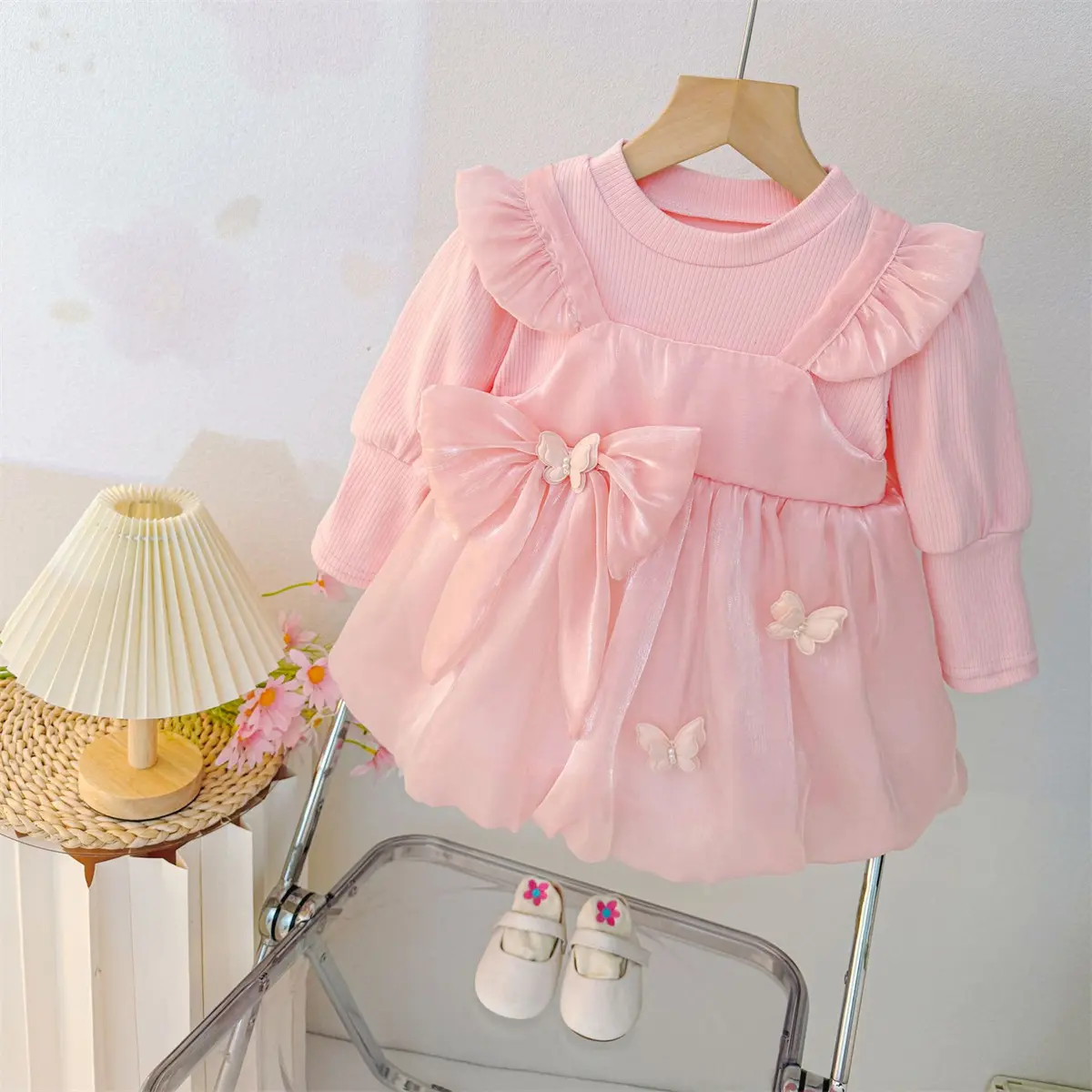 Baby Girl Dress Autumn New Long Sleeved Baby Dresses Solid Color Sweet Bow Imitation Satin Costumes For Girl